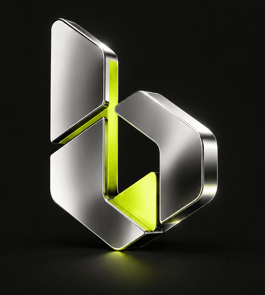 A chrome, three-dimensional boldify “b” mark with glowing lime inner planes